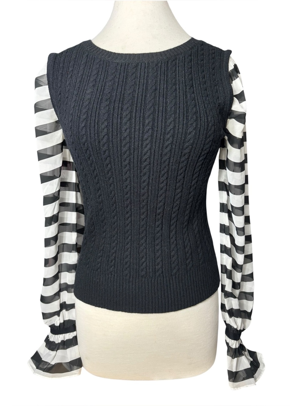 Maeve Anthropologie Black Cable Knit Stripe Chiffon Sleeve Sweater Top (M) - Picture 2 of 4